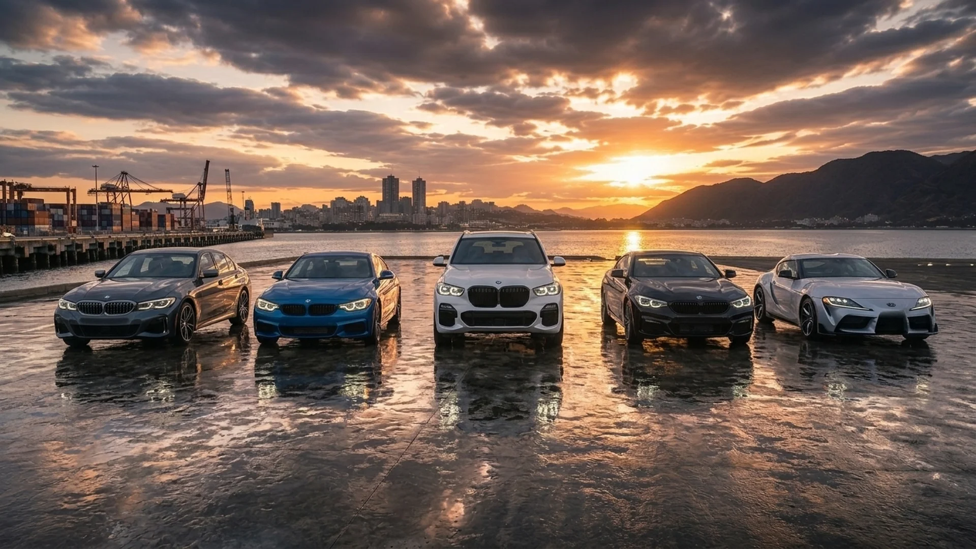 BMW B58 lineup featuring M340i, 440i, X5, 840i, and Toyota GR Supra at sunset